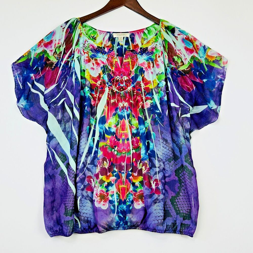 Dressbarn Watercolor Top Size‎ 1X Flutter Sleeve Studded Elastic Waist Chiffon